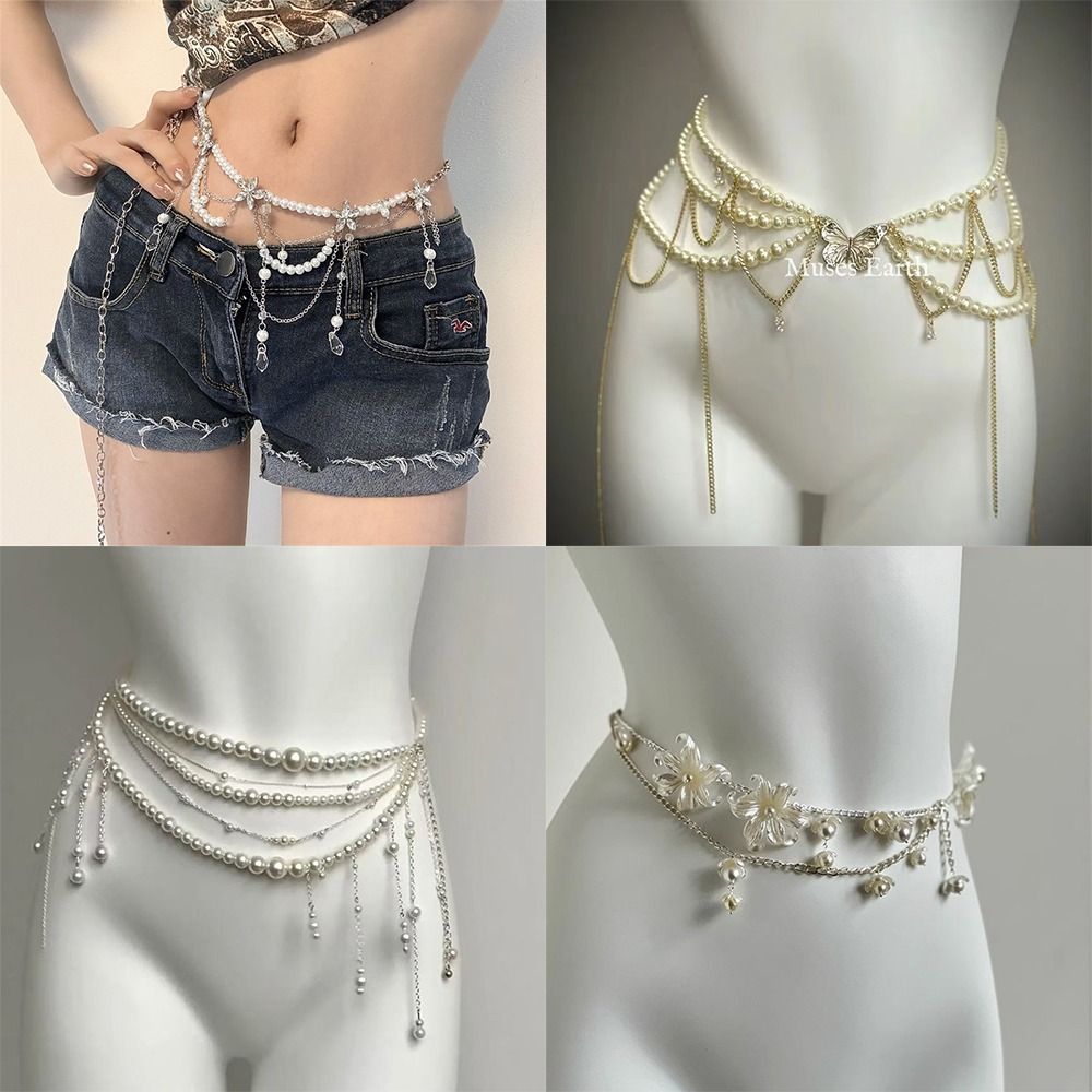 Body Jewelry Outfit - Eleganckie łańcuszki na talię z perłami,